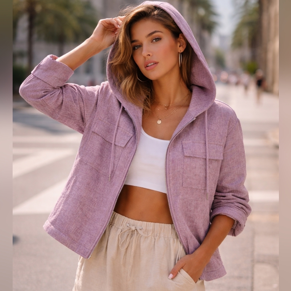 Avec Les Filles x Anthropologie Hooded Jacket Woven Lilac Purple Shacket - Picture 1 of 8